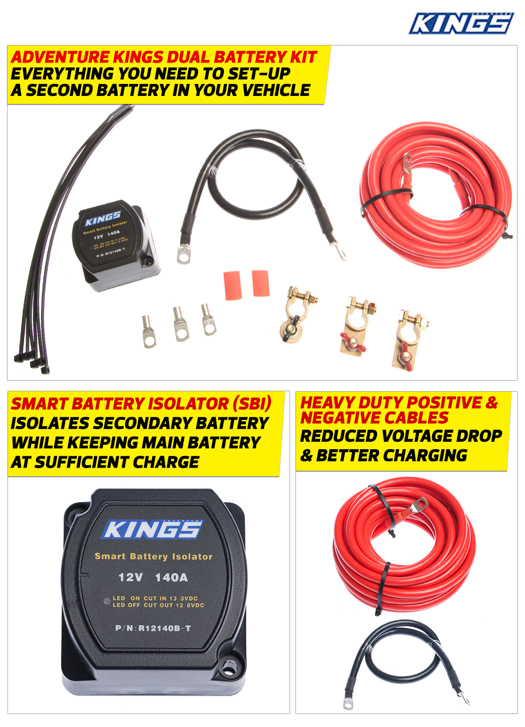 Kings Dual Battery System Kit DC 12v 140A Heavy Duty Cables Isolator
